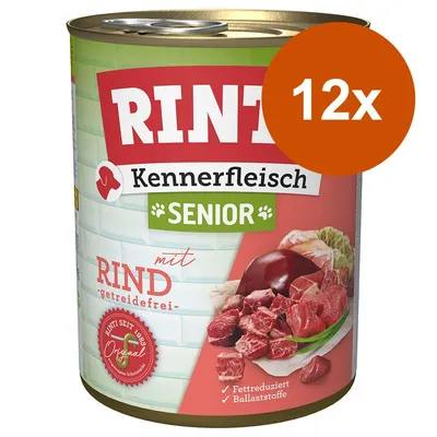 Κονσέρβα Rinti Kennerfleisch Senior με Rind, ένδειξη 12x στη συσκευασία. Ορατό κείμενο: getreidefrei, Original, fettreduziert, ballaststoffe.
