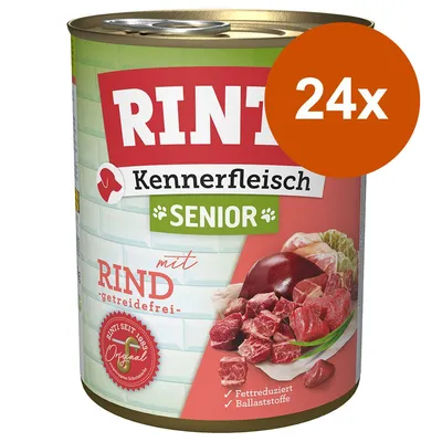Κονσέρβα RINTI Kennerfleisch Senior με Rind, getreidefrei, 24x. Εμφανίζονται κομμάτια κρέατος και το σήμα Original. Ορατό κείμενο στα γερμανικά.
