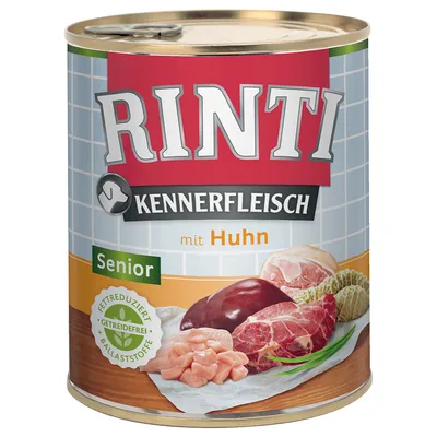 Konzerva Rinti Kennerfleisch mit Huhn Senior, nápisy: fettreduziert, getreidefrei, ballaststoffe. Zobrazené kúsky mäsa a pečene. Text v nemčine.