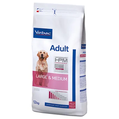 Sac hrană uscată Virbac Adult Large & Medium pentru câini, 12 kg. Text vizibil: VETERINARY HPM, LARGE & MEDIUM, scală de evaluare cu 5 criterii, instrucțiuni pe ambalaj.