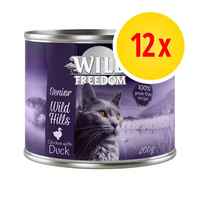 Pack of 12 Wild Freedom Senior Wild Hills chicken with duck, 200g cans, 100% grain-free recipe.