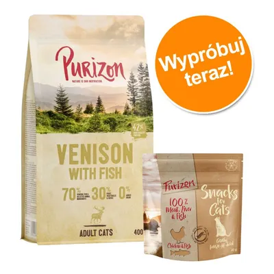 Purizon Venison with Fish dla kotów dorosłych, 400 g; Purizon Snacks for Cats Chicken & Fish, 40 g; napis na pomarańczowym kole: Wypróbuj teraz!