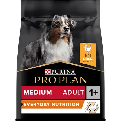 Purina Pro Plan Medium Adult 1+ Everyday Nutrition, №1 курица в составе, упаковка с изображением собаки.