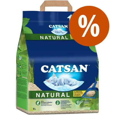 Balenie podstielky pre mačky CATSAN Natural 8 l, zobrazené s oranžovým symbolom percenta. Viditeľné texty: 100 % biologicky odbúrateľná, klumpiaca podstielka.