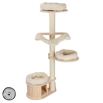 Kradsetræ af træ med tre liggeflader, hængekøje og hule. Polstret med beige plys.