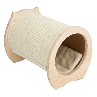 Round scratching roller made of wood with sisal surface and padded lying area inside.