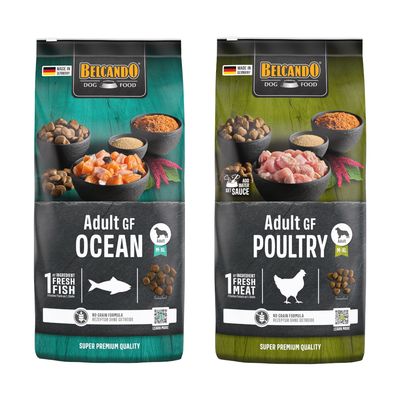 Lot de 2 sacs Belcando Adult Dinner 15 kg, photo d’un homme avec un chien, texte visible : holistic, Für Hunde mit normaler Aktivität, Extra Frischfleisch, 75 % tierisches Eiweiß.