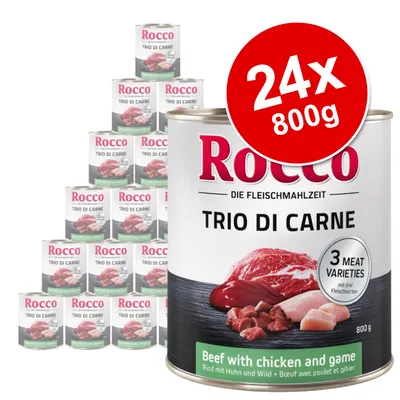 Rocco Trio di Carne 24 x 800g cans, 3 meat varieties. Visible text: Beef with chicken and game. Large red circle shows '24x 800g'.