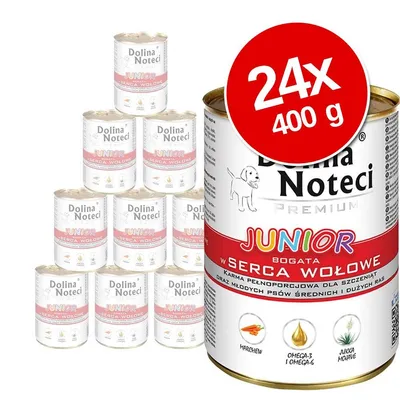 Dolina Noteci Junior marhahúsos kutyakonzerv, 24×400 g. Feliratok: marchew, omega-3 i omega-6, yucca mojave. Csomagoláson látható piktogramok.