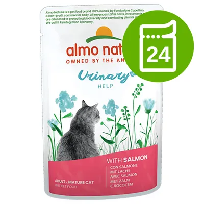 almo nature Urinary Help with Salmon, ADULT MATURE CAT WET PET FOOD, 24 saszetki widoczne na zielonej ikonie
