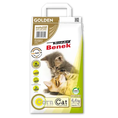 Упаковка наполнителя для кошачьего туалета Super Benek Corn Cat Litter Golden, 4,4 кг, вместимость 7 л, надписи: natural, GMO free, clumping, абсорбирует запахи, изображены две кошки.