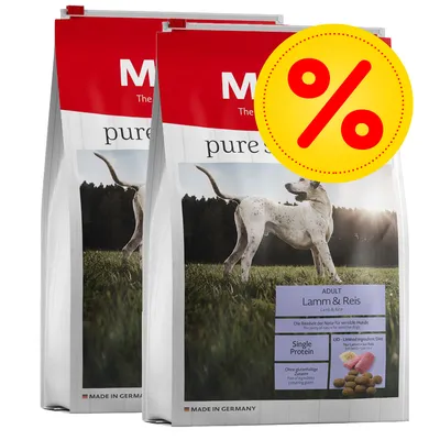 MERA pure sensitive Adult Lamm & Reis -koiranruokapakkaus, kaksi pussia, etiketissä kuva koirasta ja iso keltainen prosenttimerkki tarjouksen merkkinä