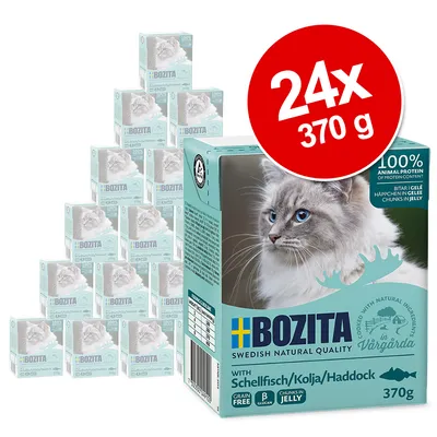 Bozita cat food, 24 x 370g packs, with haddock in jelly. 100% animal protein, grain-free, made in Vårgårda, Sweden. Bozita cat food, 24 x 370g packs, with haddock in jelly. 100% animal protein, grain-free, made in Vårgårda, Sweden.