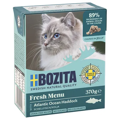 Bozita Fresh Menu med Atlantic Ocean Haddock, 370g. 89% animaliska ingredienser i bitar, Made in Sweden, spannmålsfri, utan socker och färgämnen.