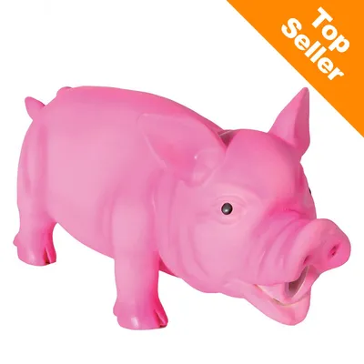 Giocattolo per cani a forma di maiale rosa in plastica, etichetta arancione con testo 'Top Seller' nell'angolo in alto a destra.