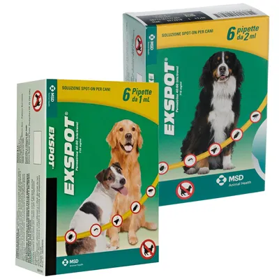 Confezioni Exspot soluzione spot-on per cani, 6 pipette da 1 mL e 6 pipette da 2 mL, immagini di cani, marchio MSD Animal Health, simboli insetti barrati visibili. Confezioni Exspot soluzione spot-on per cani, 6 pipette da 1 mL e 6 pipette da 2 mL, immagini di cani, marchio MSD Animal Health, simboli insetti barrati visibili.