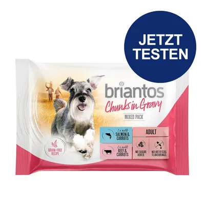 Briantos Chunks in Gravy Mixed Pack für Erwachsene. Grain-Free Rezept, 2x Lachs & Karotten, 2x Rind & Karotten, ohne Zuckerzusatz, keine künstlichen Aromen. Jetzt testen.