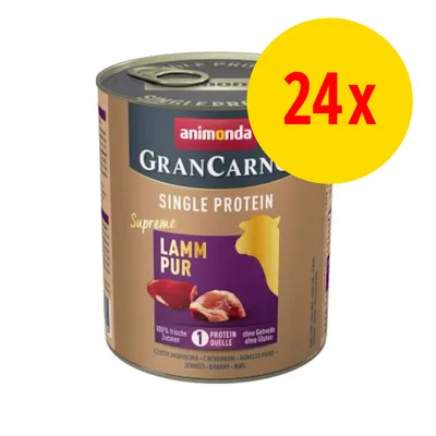 animonda GranCarno Single Protein Supreme Lamm Pur, dåse med tekst: 100 % friske Zutaten, 1 Protein Quelle, ohne Getreide, ohne Gluten. Gul cirkel med rød tekst: 24x.