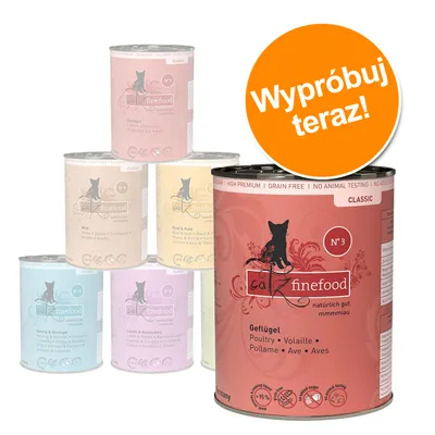 Różne puszki karmy dla kotów catz finefood Classic, widoczne smaki: Geflügel, Wild, Rind & Kalb, Hering & Shrimps, Lamm & Kaninchen. Pomarańczowe koło z napisem: Wypróbuj teraz!