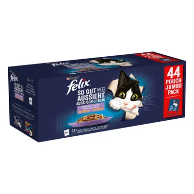 Boîte Felix So gut wie es aussieht Aussi bon que beau, 44 sachets en gelée, bœuf, poulet, saumon, thon. Texte visible en allemand et français sur l’emballage.