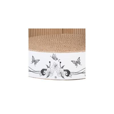 Tiragraffi rotondo in cartone ondulato con bordo bianco decorato da disegni di farfalle e fiori neri. Nessun marchio visibile.