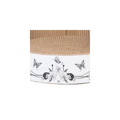 Tiragraffi rotondo in cartone ondulato con bordo bianco decorato da disegni di farfalle e fiori neri. Nessun marchio visibile.