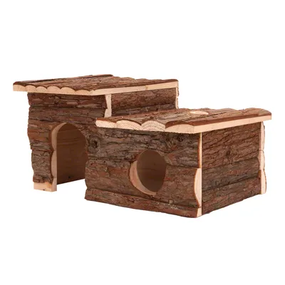 Deux maisons pour petits animaux en bois brut avec écorce, chacune avec une entrée et une ouverture ronde sur le côté. Toits plats superposés, matériau visible : bois. Deux maisons pour petits animaux en bois brut avec écorce, chacune avec une entrée et une ouverture ronde sur le côté. Toits plats superposés, matériau visible : bois.