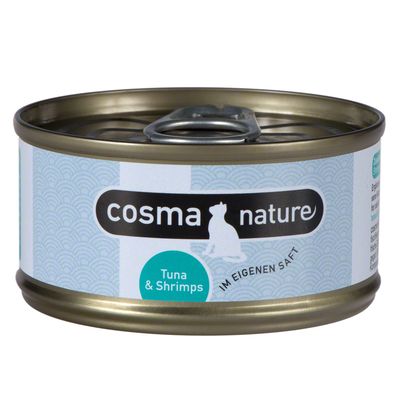Scatoletta Cosma Nature, testo visibile: Tuna & Shrimps, IM EIGENEN SAFT. Etichetta con silhouette di gatto.