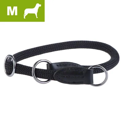 Collier pour chien taille M, corde noire avec anneaux métalliques et empiècements en cuir visibles. Collier pour chien taille M, corde noire avec anneaux métalliques et empiècements en cuir visibles.