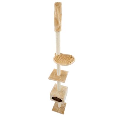 Svetlobéžový škrabadlo pre mačky s plyšovým poťahom, sisalovým stĺpikom, odpočívadlom, domčekom a viacerými plošinami. Materiál: textil, sisal.