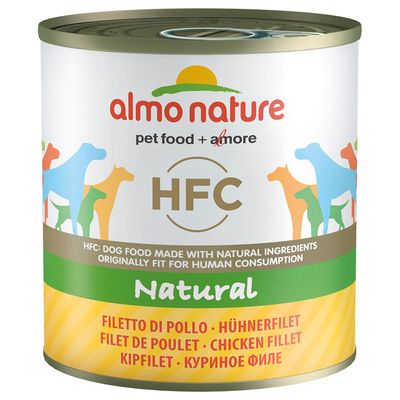 Boîte Almo Nature HFC Natural, filet de poulet. Texte visible : pet food + amore, HFC: dog food made with natural ingredients originally fit for human consumption.