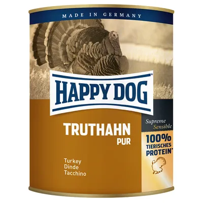 Scatola di cibo per cani Happy Dog Truthahn Pur, Supreme Sensible, 100% tierisches Protein, Made in Germany, gusto tacchino. Testo visibile anche in inglese, francese e tedesco.