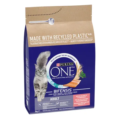 Purina One Bifensis Adult dry food, rich in salmon as number one ingredient, supports gut microbiome and strong natural defences. Made with recycled plastic. 3kg pack. Purina One Bifensis Adult dry food, rich in salmon as number one ingredient, supports gut microbiome and strong natural defences. Made with recycled plastic. 3kg pack.