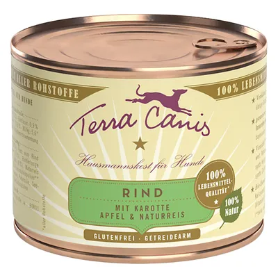 Lata de comida Terra Canis para cães, texto visível: Rind mit Karotte Apfel & Naturreis, 100% Lebensmittel-Qualität, 100% Natur, glutenfrei, getreidearm. Texto em alemão. Lata de comida Terra Canis para cães, texto visível: Rind mit Karotte Apfel & Naturreis, 100% Lebensmittel-Qualität, 100% Natur, glutenfrei, getreidearm. Texto em alemão.