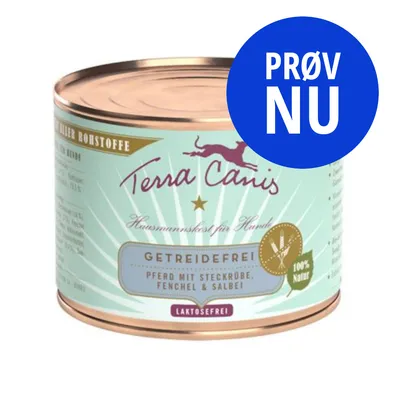 Terra Canis dåse med teksten 'GETREIDEFREI! PFERD MIT STECKRÜBE, FENCHEL & SALBEI', 'LAKTOSEFREI', '100% Natur' og blå cirkel med 'PRØV NU'. Terra Canis dåse med teksten 'GETREIDEFREI! PFERD MIT STECKRÜBE, FENCHEL & SALBEI', 'LAKTOSEFREI', '100% Natur' og blå cirkel med 'PRØV NU'.