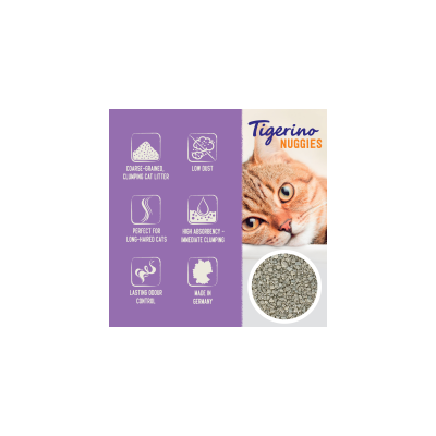 Tigerino Nuggies. Grovkornet, klumpende kattegrus, støvfattig, ideel til langhårede katte, høj sugeevne, langvarig lugtkontrol, fremstillet i Tyskland.