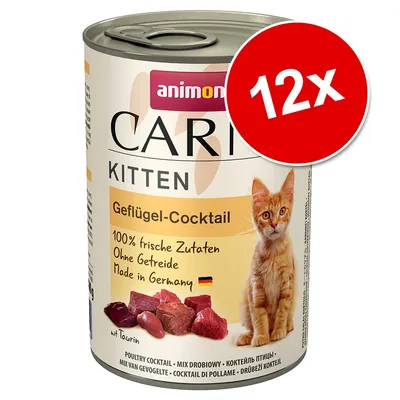 Konzerva animonda Carny Kitten Geflügel-Cocktail, 12x. Text: 100% frische Zutaten, Ohne Getreide, Made in Germany. Obrázek kotěte a masa na obalu. Konzerva animonda Carny Kitten Geflügel-Cocktail, 12x. Text: 100% frische Zutaten, Ohne Getreide, Made in Germany. Obrázek kotěte a masa na obalu.