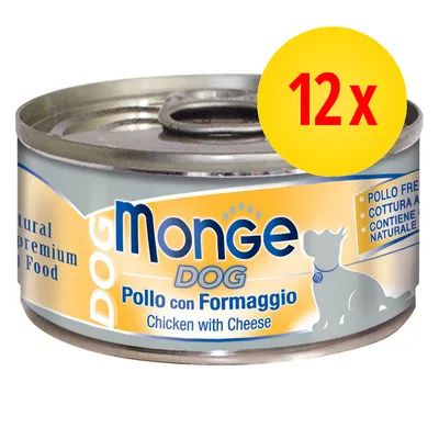 Monge DOG Pollo con Formaggio, confezione da 12 lattine. Testo visibile: pollo fresco, cottura a vapore, contiene formaggio naturale. Etichetta in italiano e inglese.