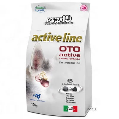 Forza10 Nutraceutic active line OTO active Canine Formula, 10 kg. Tekstit: Ear protection diet, Active Fresh System, Made in Italy. Kuvassa koiran korva ja ainesosaluettelo.
