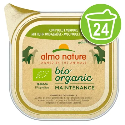 almo nature bio organic maintenance, FR-BIO-10 EU Agriculture, met kip en groente. 24-stuks icoon zichtbaar op verpakking.