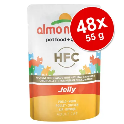 almo nature HFC Jelly, poulet, aliment pour chat adulte, lot de 48 sachets de 55 g. Texte visible en anglais : cat food made with natural ingredients originally fit for human consumption.