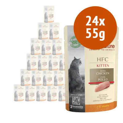 Almo Nature HFC Kitten con pollo, confezione da 24 buste da 55 g ciascuna, per gattini 2–12 mesi. Testo visibile: 'with chicken con pollo', '100%'. Immagine di un gatto sul fronte.