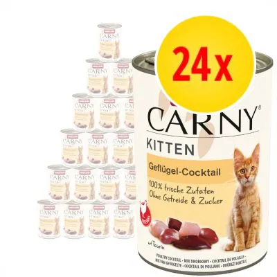 24-pack Carny Kitten Geflügel-Cocktail, 100 % frische Zutaten, ohne Getreide & Zucker. Bild på kattunge och köttbitar synliga på burkens etikett.
