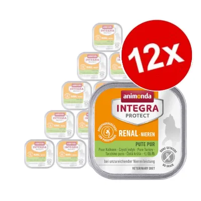 12x Animonda Integra Protect Renal Nieren Pute Pur, våtfoder för katt. Text: fosforreducerat, spannmålsfritt, vid otillräcklig njurfunktion. Förpackningar synliga i bakgrunden. 12x Animonda Integra Protect Renal Nieren Pute Pur, våtfoder för katt. Text: fosforreducerat, spannmålsfritt, vid otillräcklig njurfunktion. Förpackningar synliga i bakgrunden.