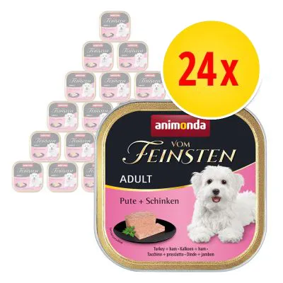 animonda Vom Feinsten Adult Pute + Schinken, 24-pack. Bild på förpackning med liten vit hund och patébit. Stor gul cirkel med röd text: 24x.
