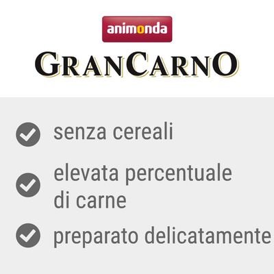 animonda GranCarno: senza cereali, elevata percentuale di carne, preparato delicatamente