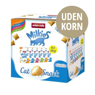 animonda Milkies Cat Snack Selection, 6 x 30 g. UDEN KORN. Indeholder: 2 x Harmony, 2 x Fresh, 1 x Wellness, 1 x Balance. Billede af snacks og pakker på æsken.