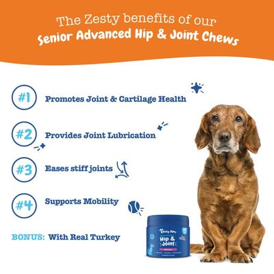 Senior Advanced Hip & Joint Chews benefits: promotes joint and cartilage health, provides joint lubrication, eases stiff joints, supports mobility. Bonus: with real turkey.