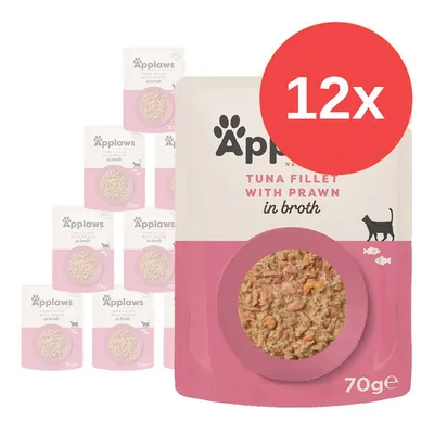 Applaws Tuna Fillet with Prawn in Broth, 12×70g. Na obalu je vidět porce krmiva a silueta kočky.