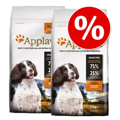 To sække Applaws hundefoder, 7,5 kg, med tekst: Grain Free, 75% chicken, 25% vegetables and natural extracts. Stor rød procent-tegn cirkel for tilbud. To sække Applaws hundefoder, 7,5 kg, med tekst: Grain Free, 75% chicken, 25% vegetables and natural extracts. Stor rød procent-tegn cirkel for tilbud.
